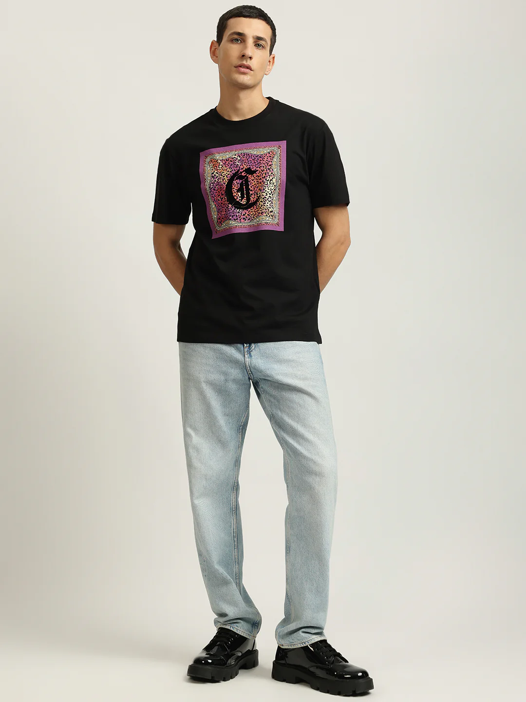 Just Cavalli Men Black Printed Round Neck Short Sleeves Tshirt - Image 4