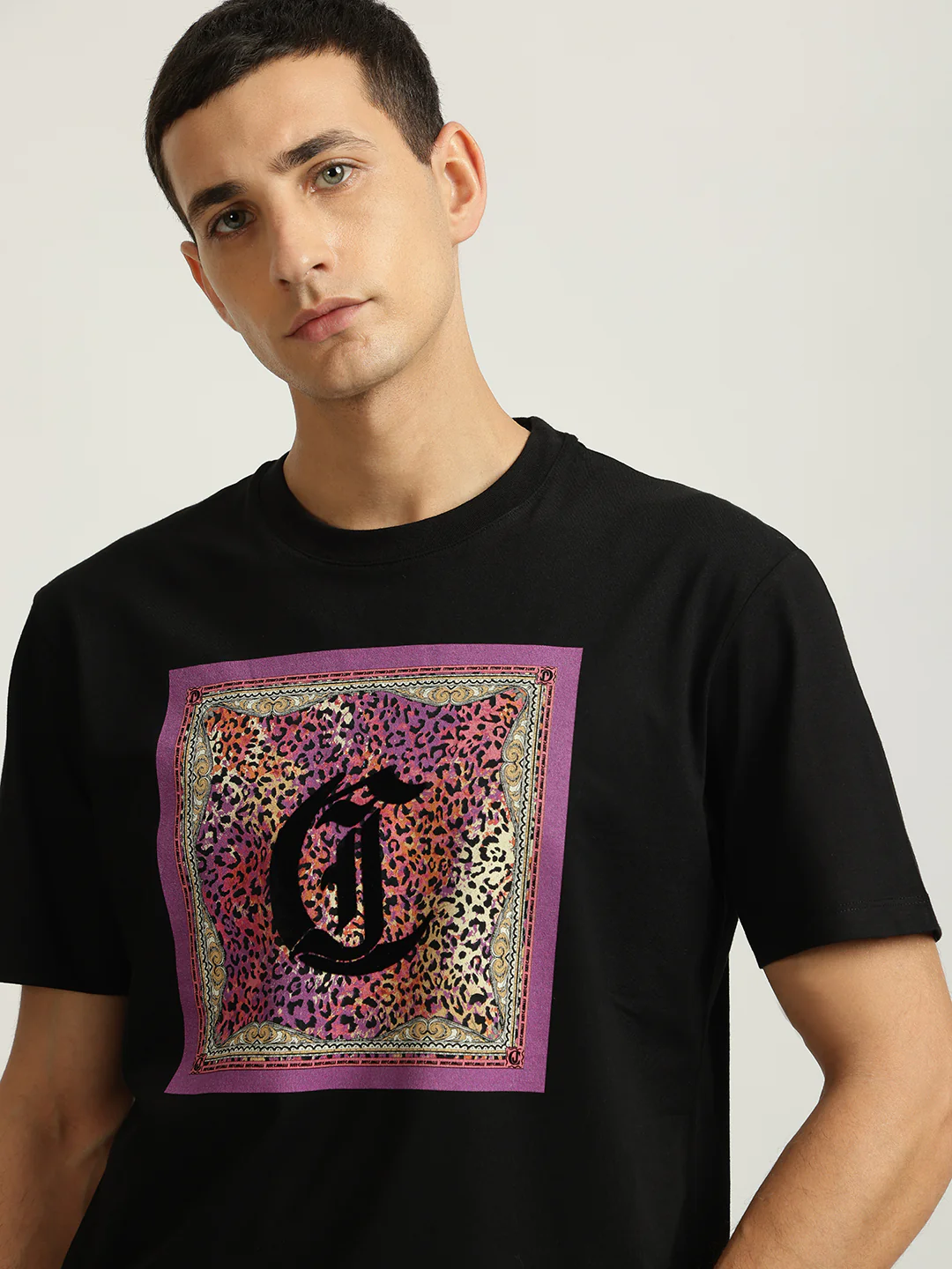 Just Cavalli Men Black Printed Round Neck Short Sleeves Tshirt - Image 5