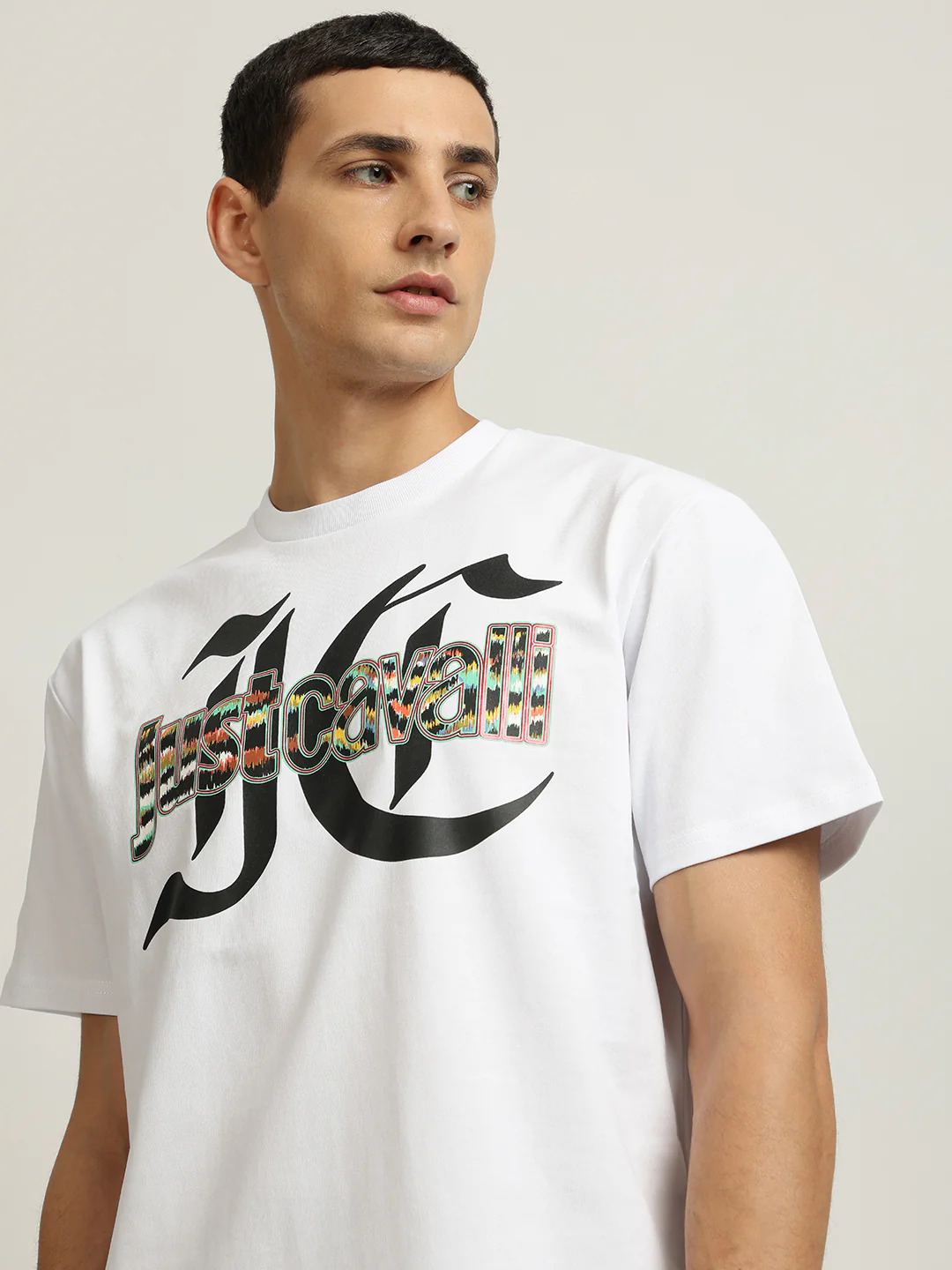 Just Cavalli Men White Printed Round Neck Short Sleeves Tshirt - Image 5