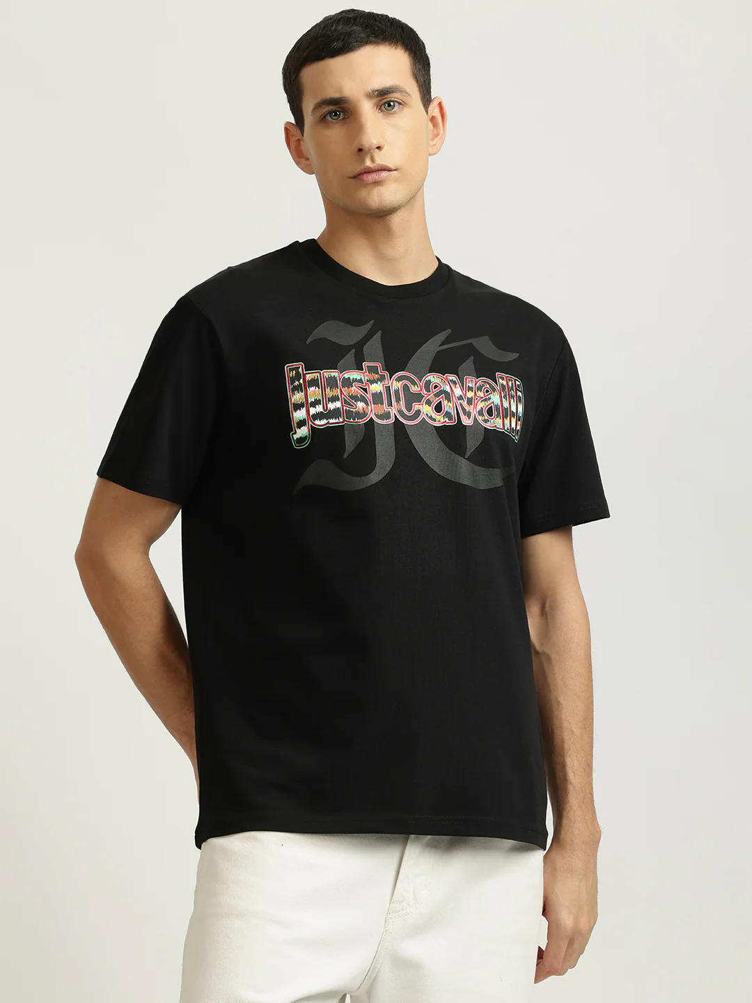 Just Cavalli Men Black Printed Round Neck Short Sleeves Tshirt