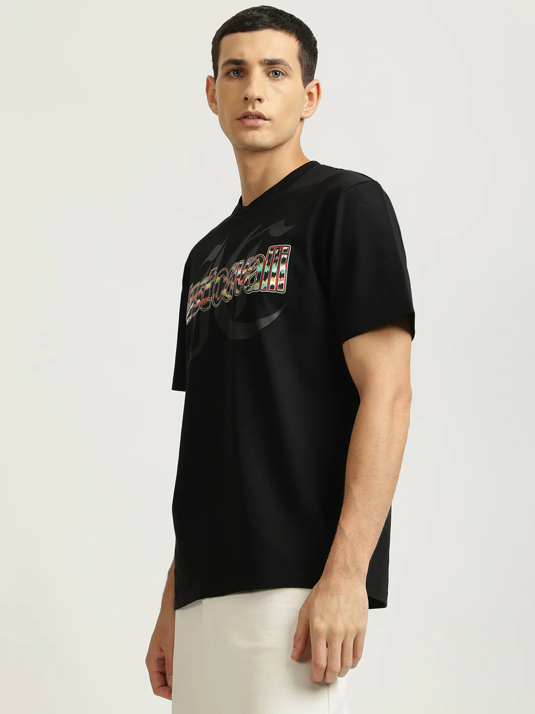 Just Cavalli Men Black Printed Round Neck Short Sleeves Tshirt - Image 2