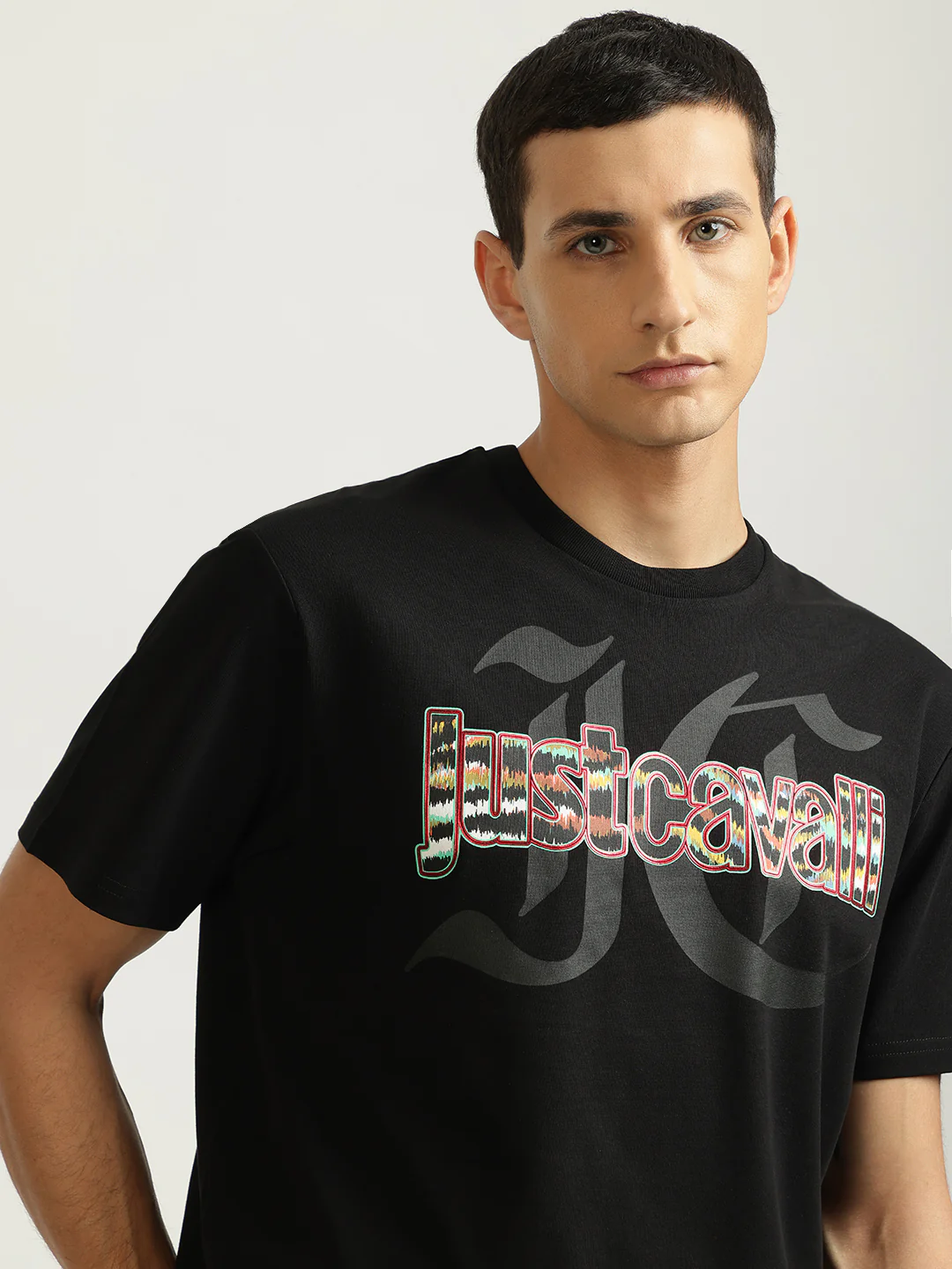 Just Cavalli Men Black Printed Round Neck Short Sleeves Tshirt - Image 5