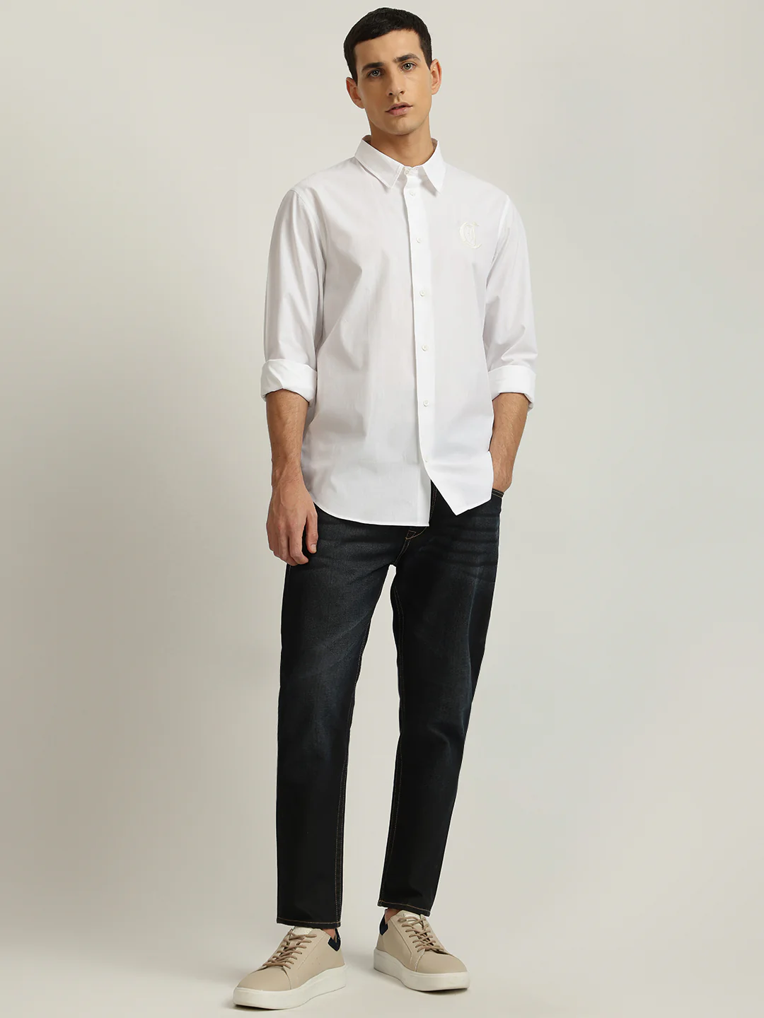 Just Cavalli Men White Solid Spread Collar Full Sleeves Shirt - Image 4