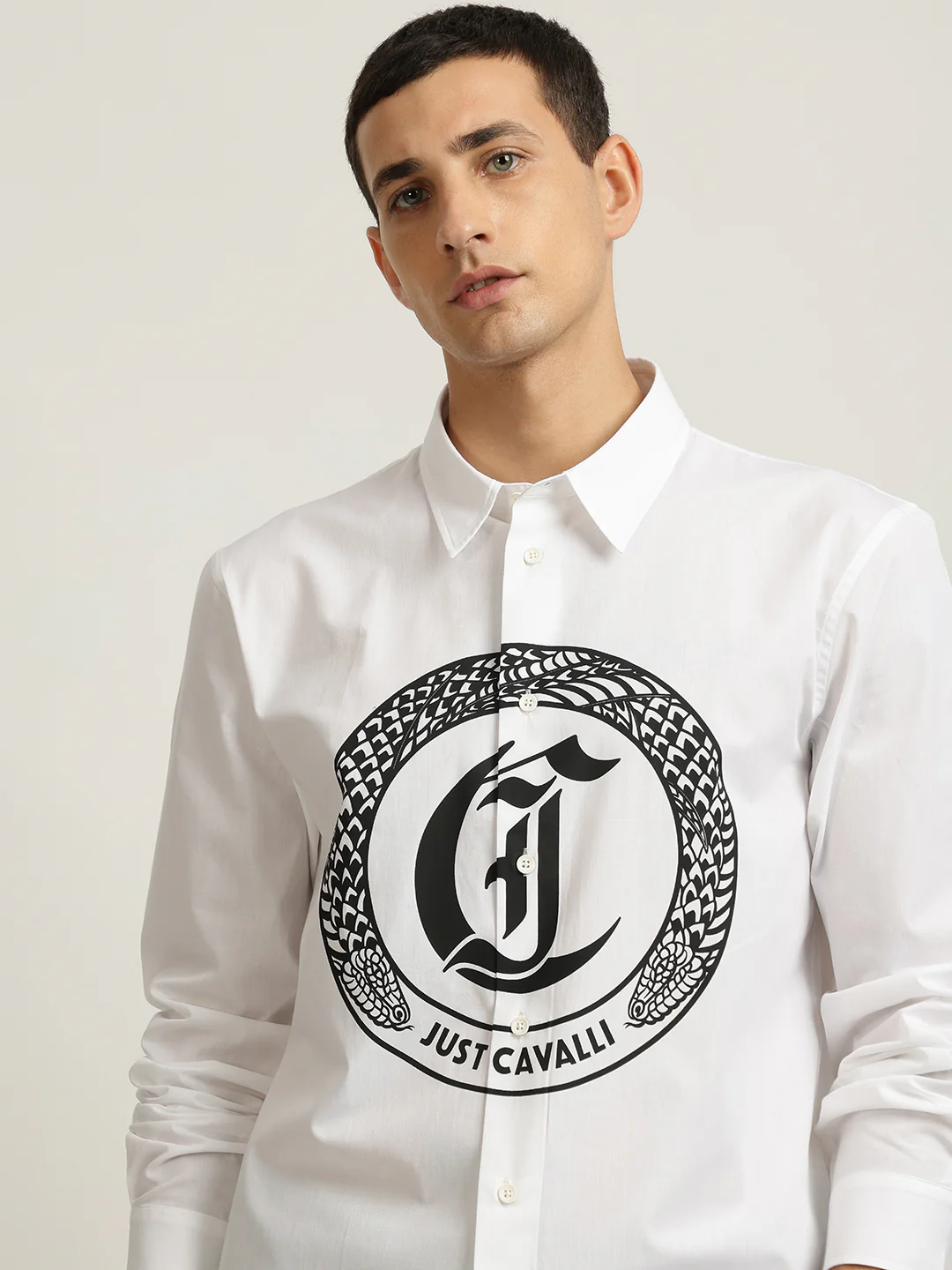 Just Cavalli Men White Printed Spread Collar Full Sleeves Shirt - Image 5