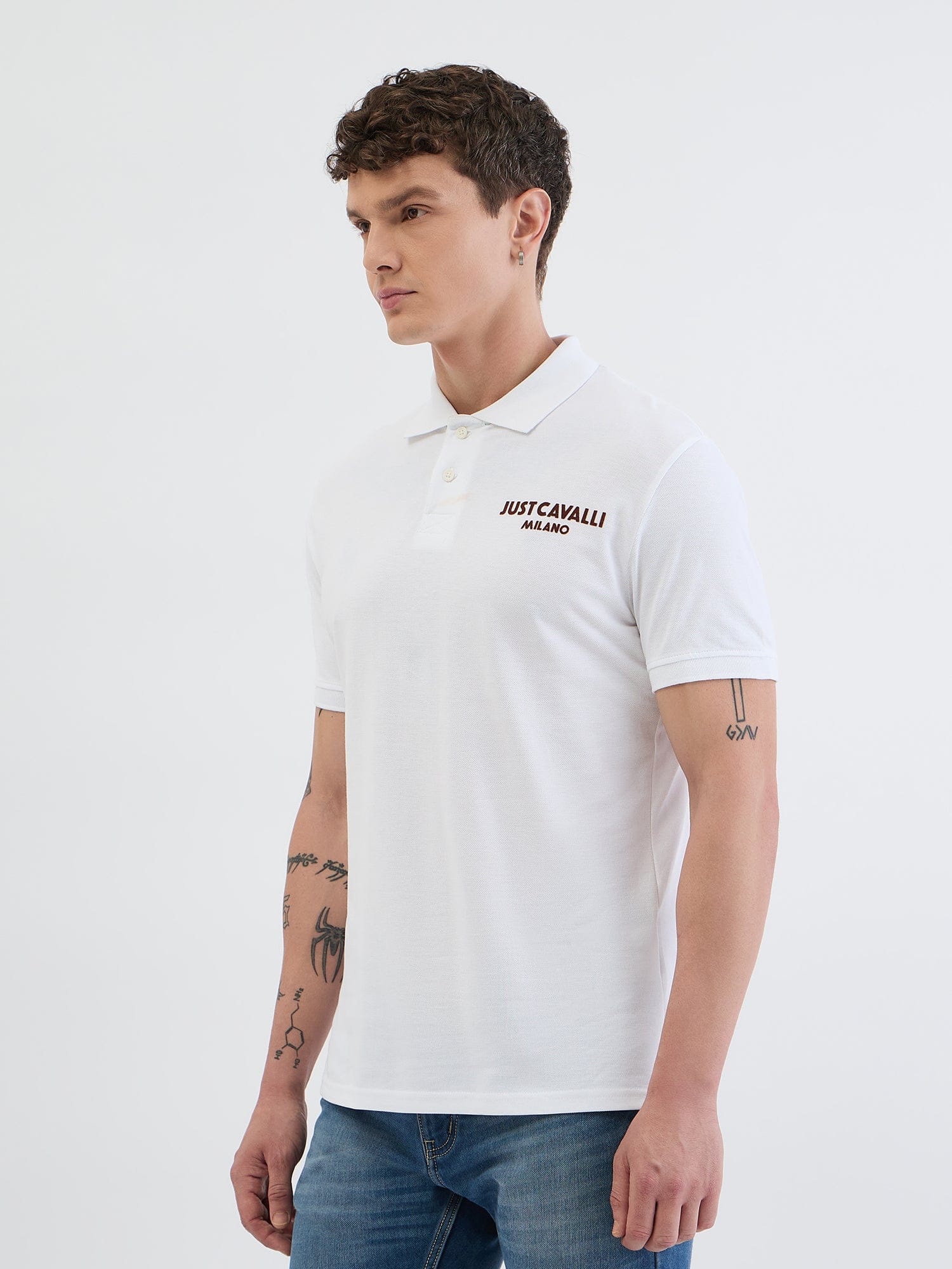 Just Cavalli Men White Solid Polo Tshirt - Image 2