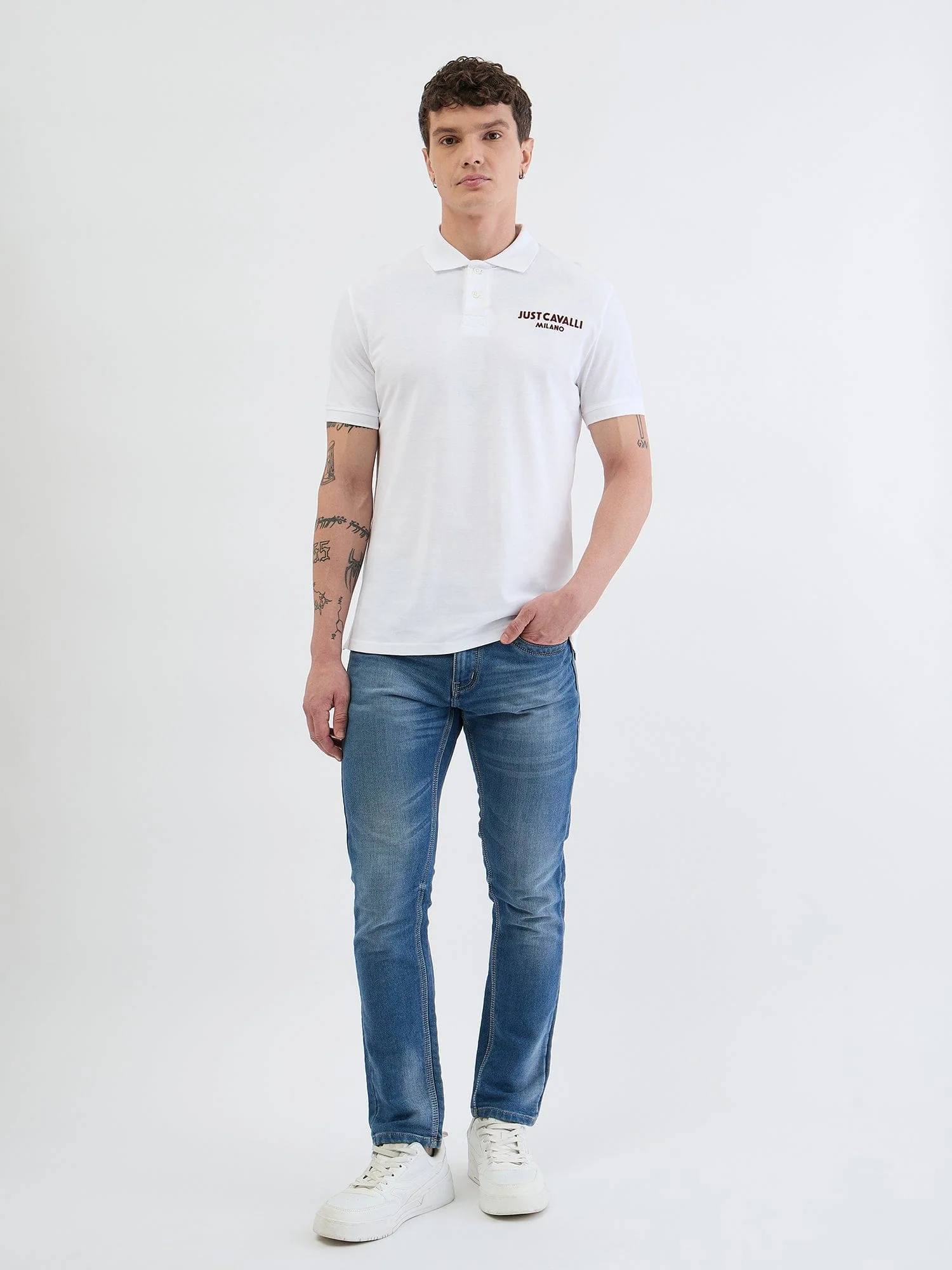 Just Cavalli Men White Solid Polo Tshirt - Image 5