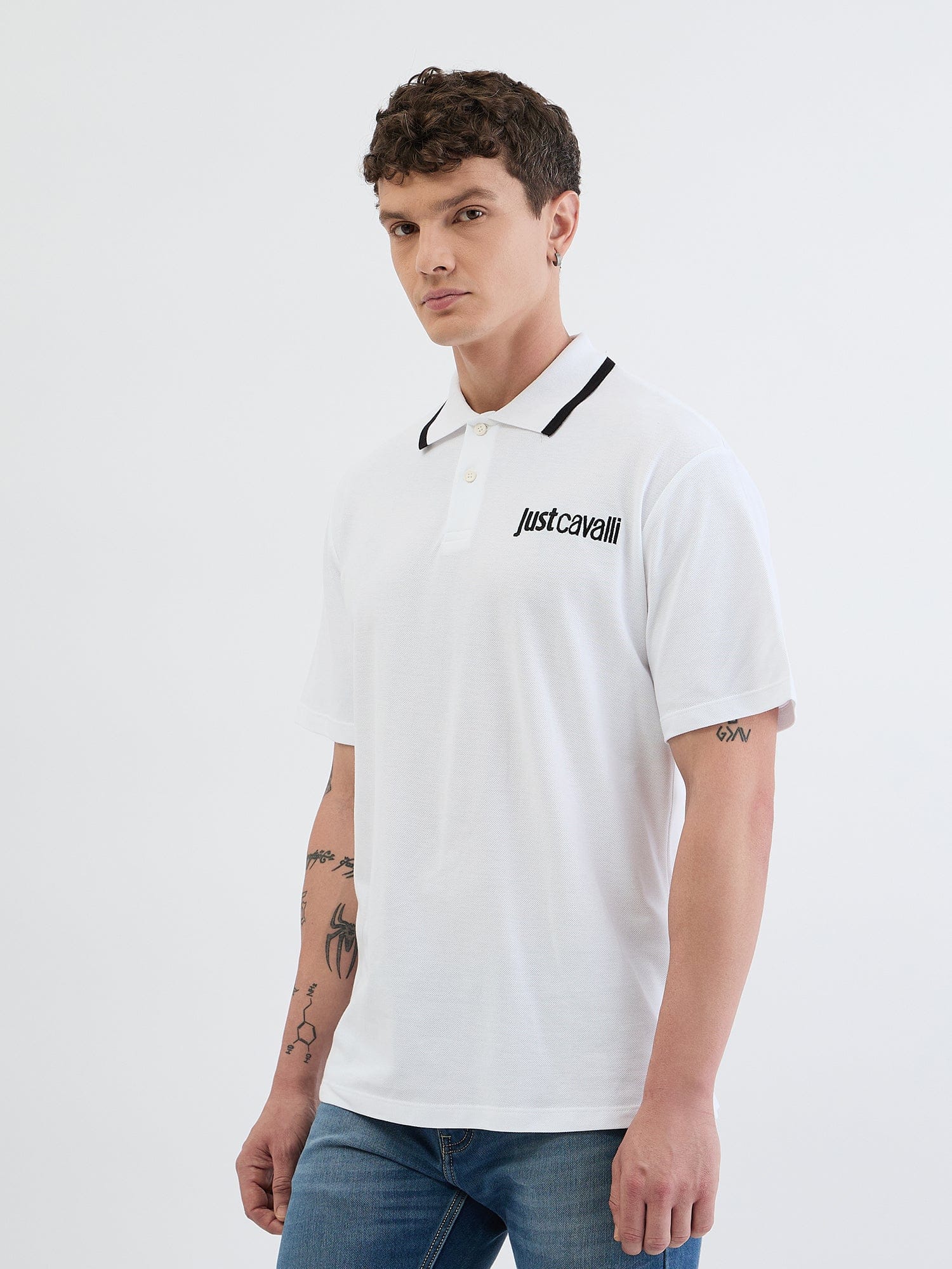 Just Cavalli Men White Solid Polo Tshirt - Image 2