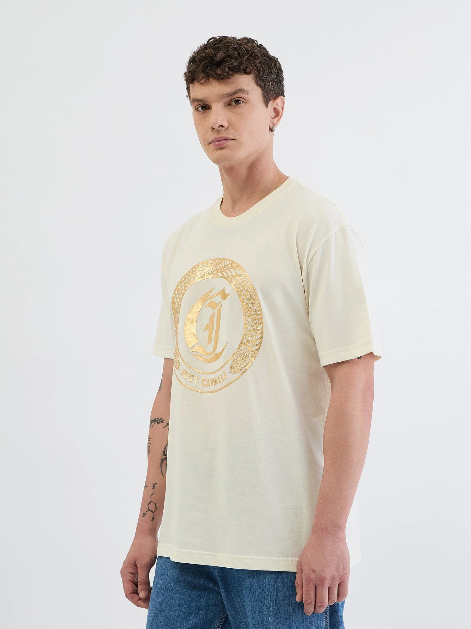 Just Cavalli Men Cream Placement Print Round Neck Tshirt - Image 2