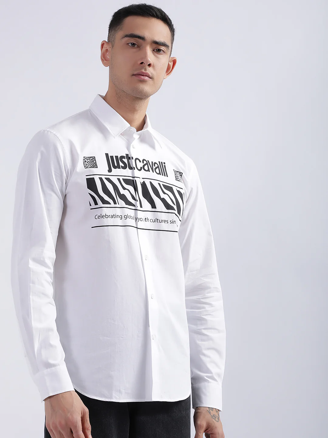 Just Cavalli Men White Solid Collar Shirt - Image 3
