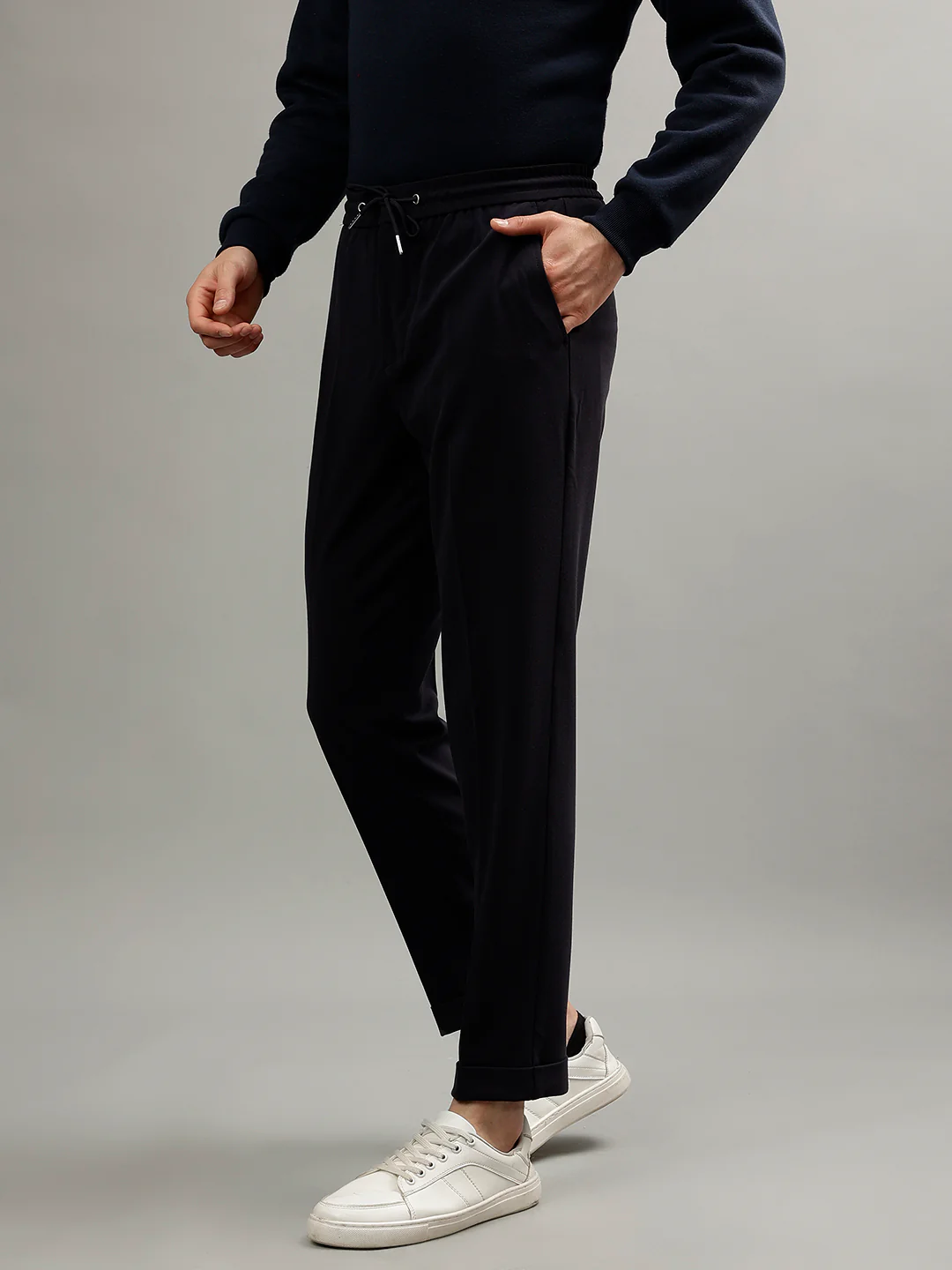 Lindbergh Men Navy Blue Solid Mid-Rise Regular Fit Regular Trouser - Image 3