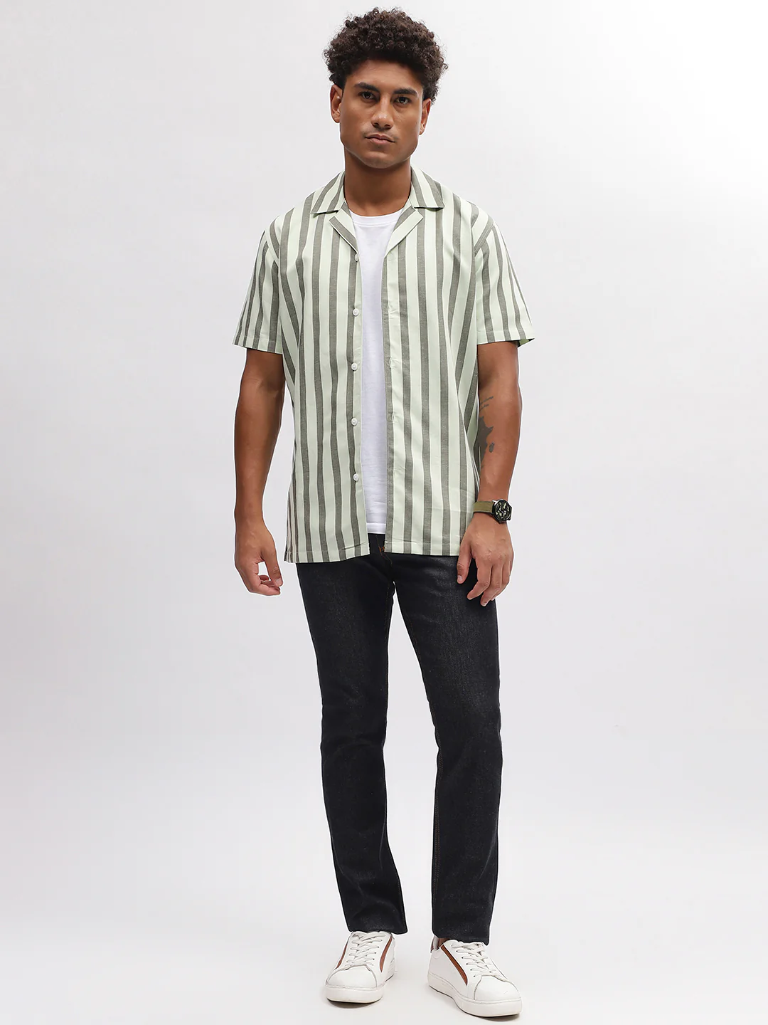 Lindbergh Men Green Striped Resort Collar Short Sleeves Shirt - Image 5