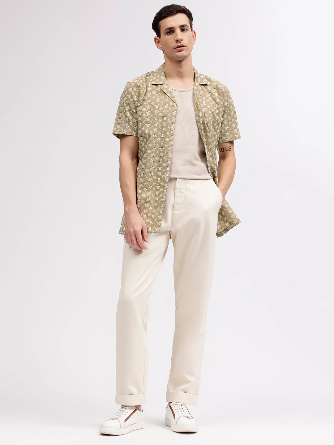 Lindbergh Men Beige Embroidered Resort Collar Short Sleeves Shirt - Image 4
