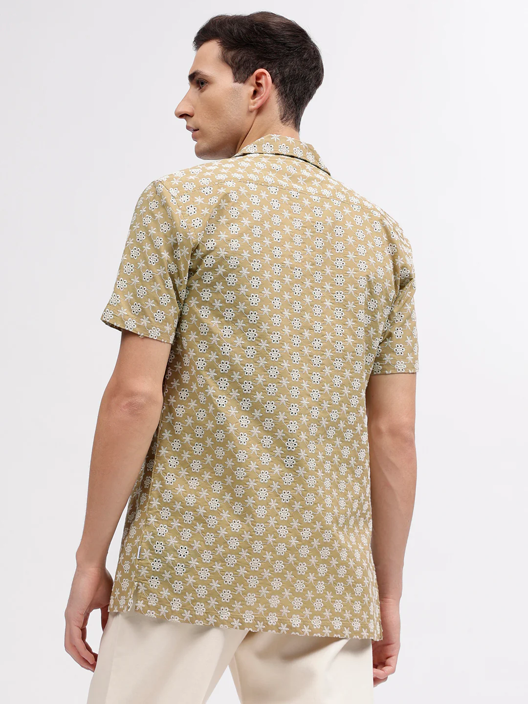 Lindbergh Men Beige Embroidered Resort Collar Short Sleeves Shirt - Image 5