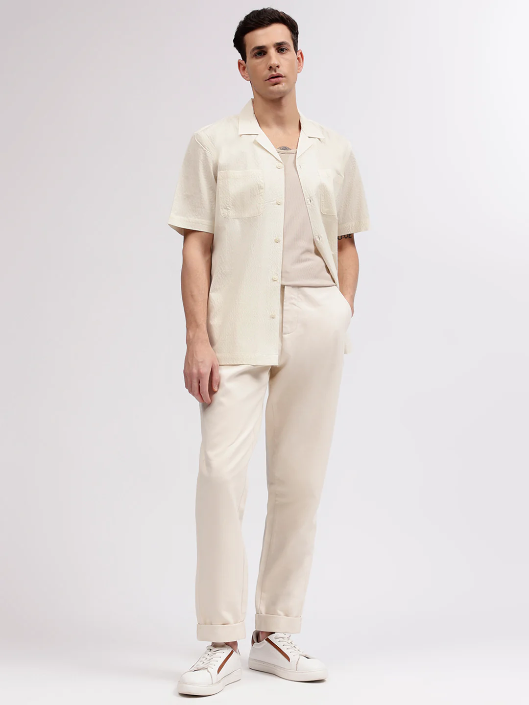 Lindbergh Men Cream Solid Resort Collar Short Sleeves Shirt - Image 4