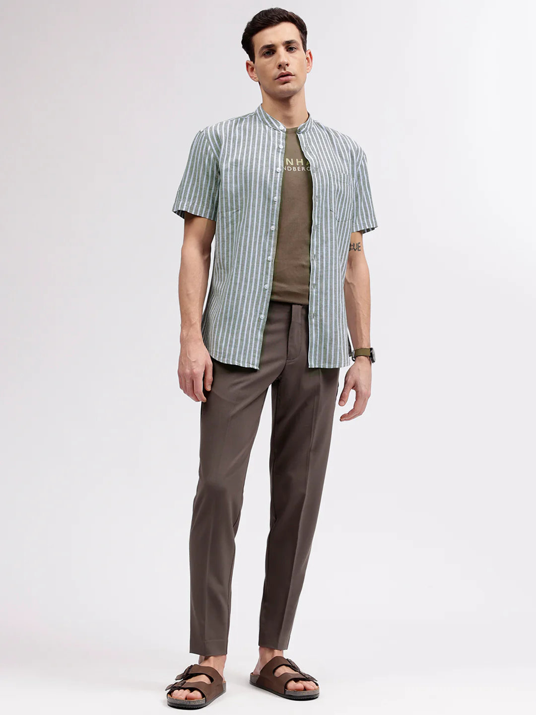 Lindbergh Men Green Striped Band Collar Short Sleeves Shirt - Image 4