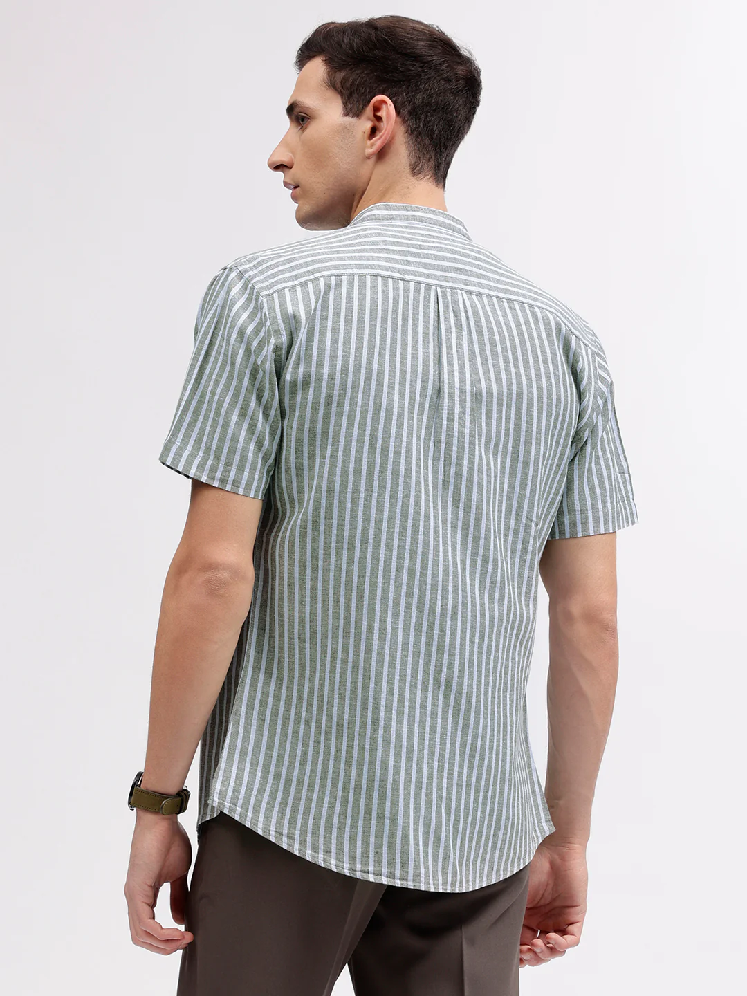 Lindbergh Men Green Striped Band Collar Short Sleeves Shirt - Image 5