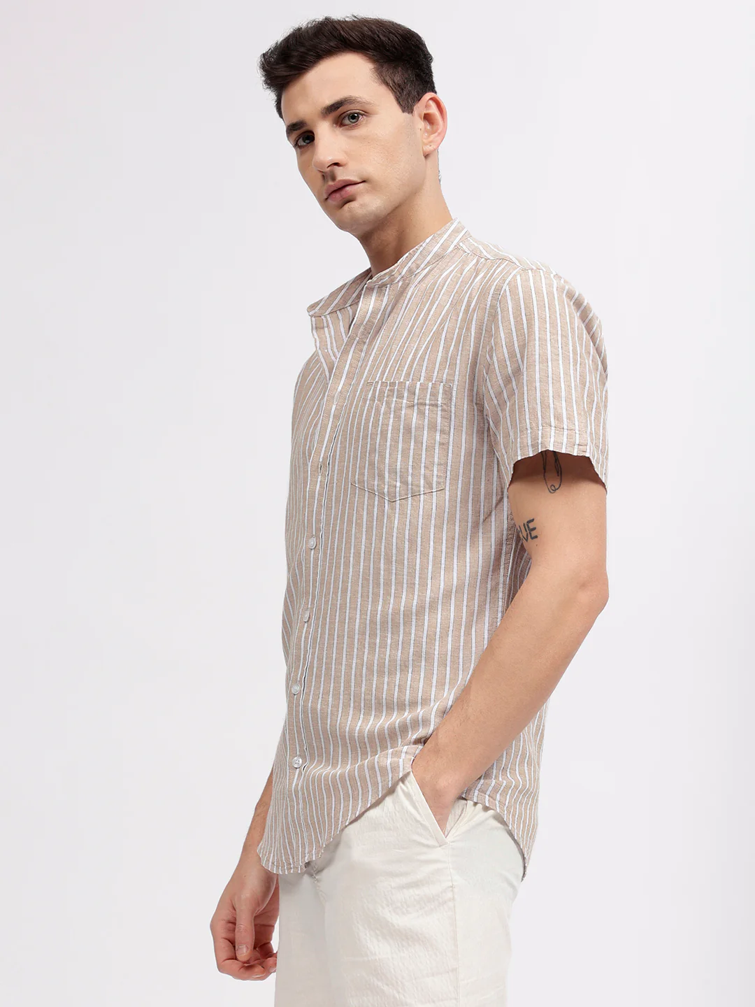 Lindbergh Men Beige Striped Band Collar Short Sleeves Shirt - Image 3