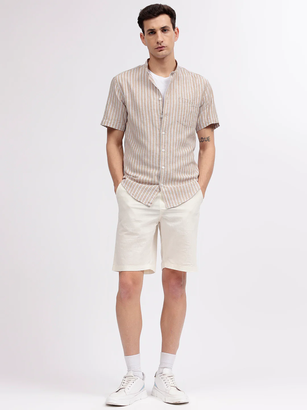 Lindbergh Men Beige Striped Band Collar Short Sleeves Shirt - Image 4