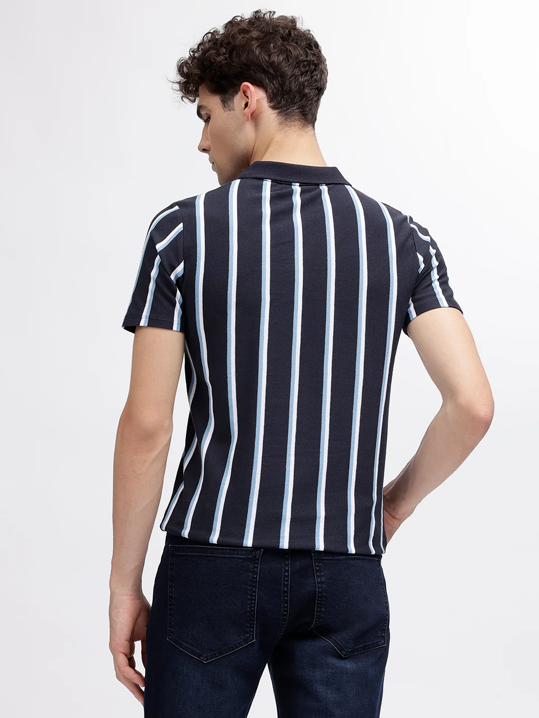 Lindbergh Men Blue Striped Polo Collar Short Sleeves Tshirt - Image 3