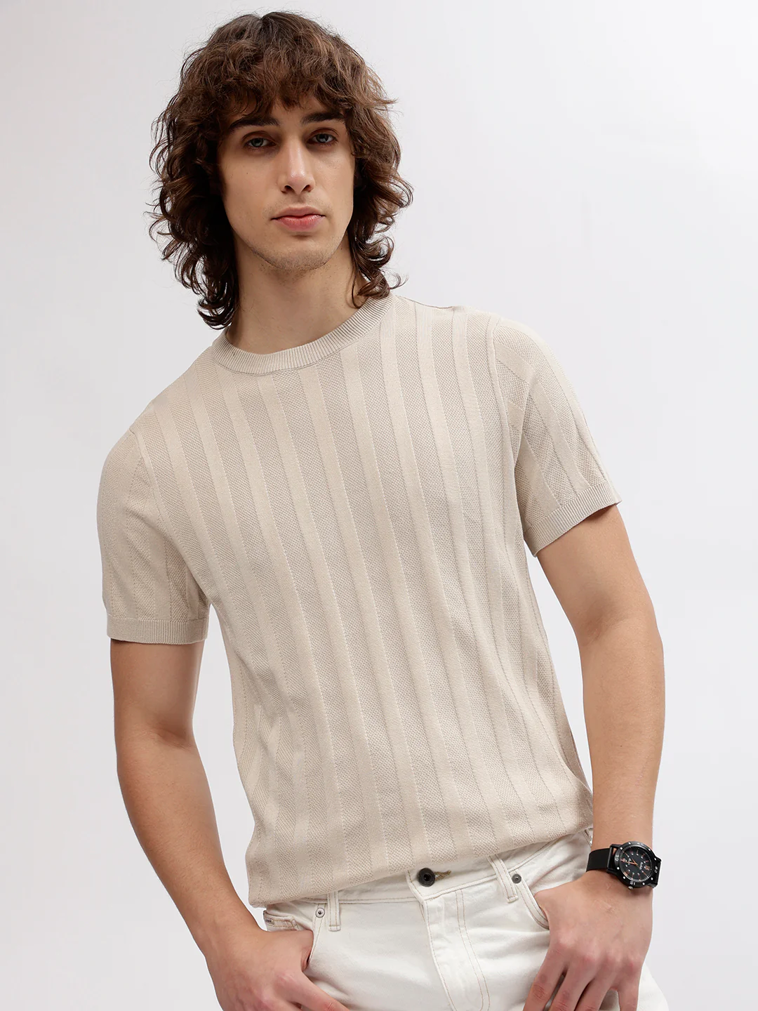 Lindbergh Men Beige Solid Round Neck Short Sleeves Tshirt