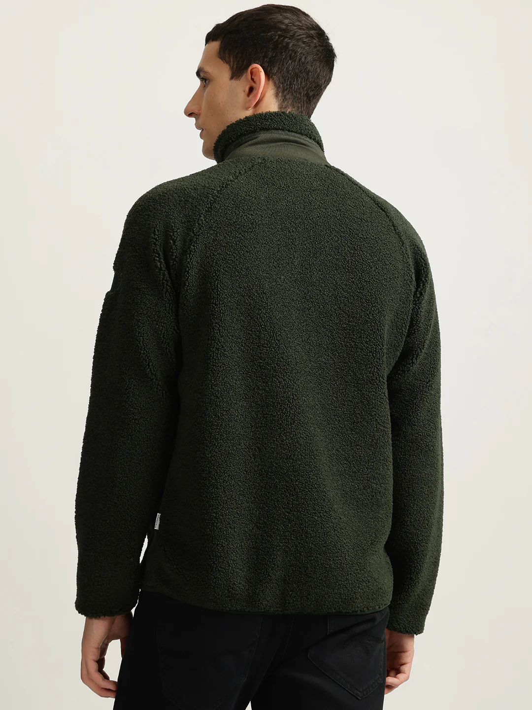 Lindbergh Men Green Solid Stand Collar Full Sleeves Fleece Jacket - Image 3