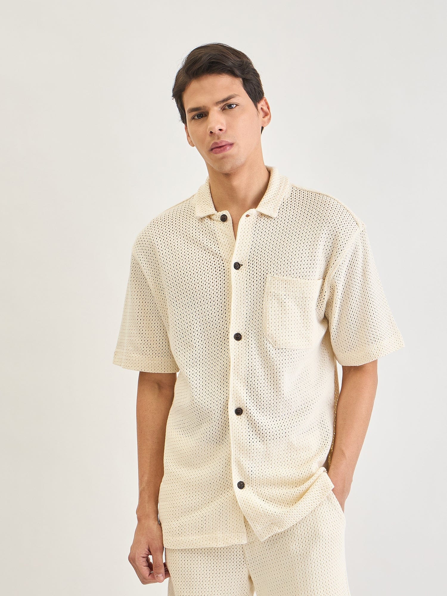 Lindbergh Men Cream Solid Collar Shirt