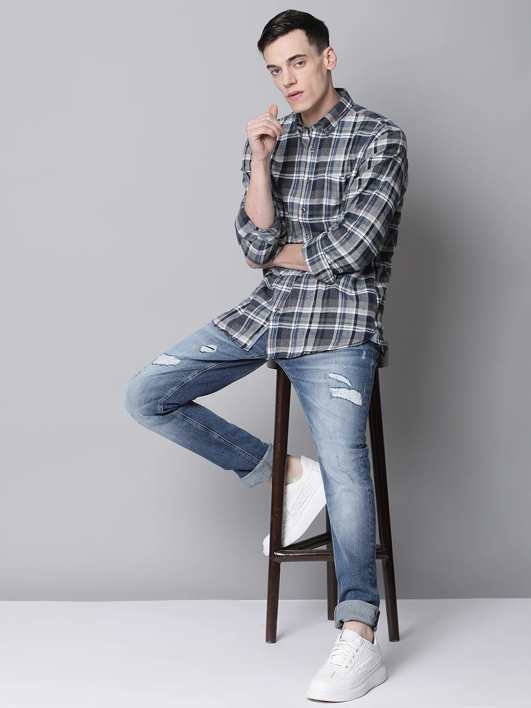 Lindbergh Men Grey Checked Button Down Collar Shirt - Image 5