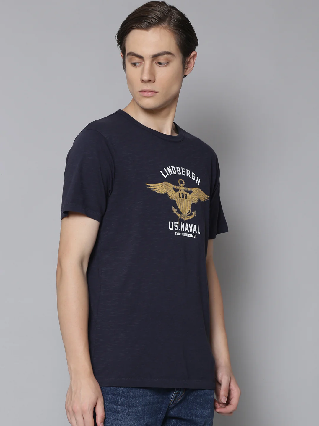 Lindbergh Men Navy Blue Solid Round Neck TShirt - Image 3