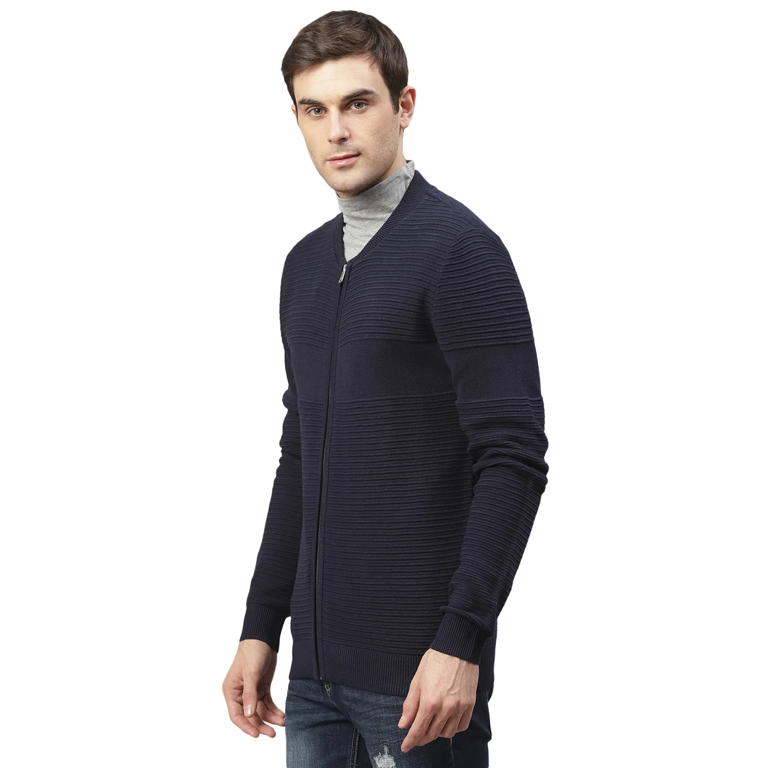 Lindbergh Men Blue Solid Mandarin Collar Sweater - Image 3