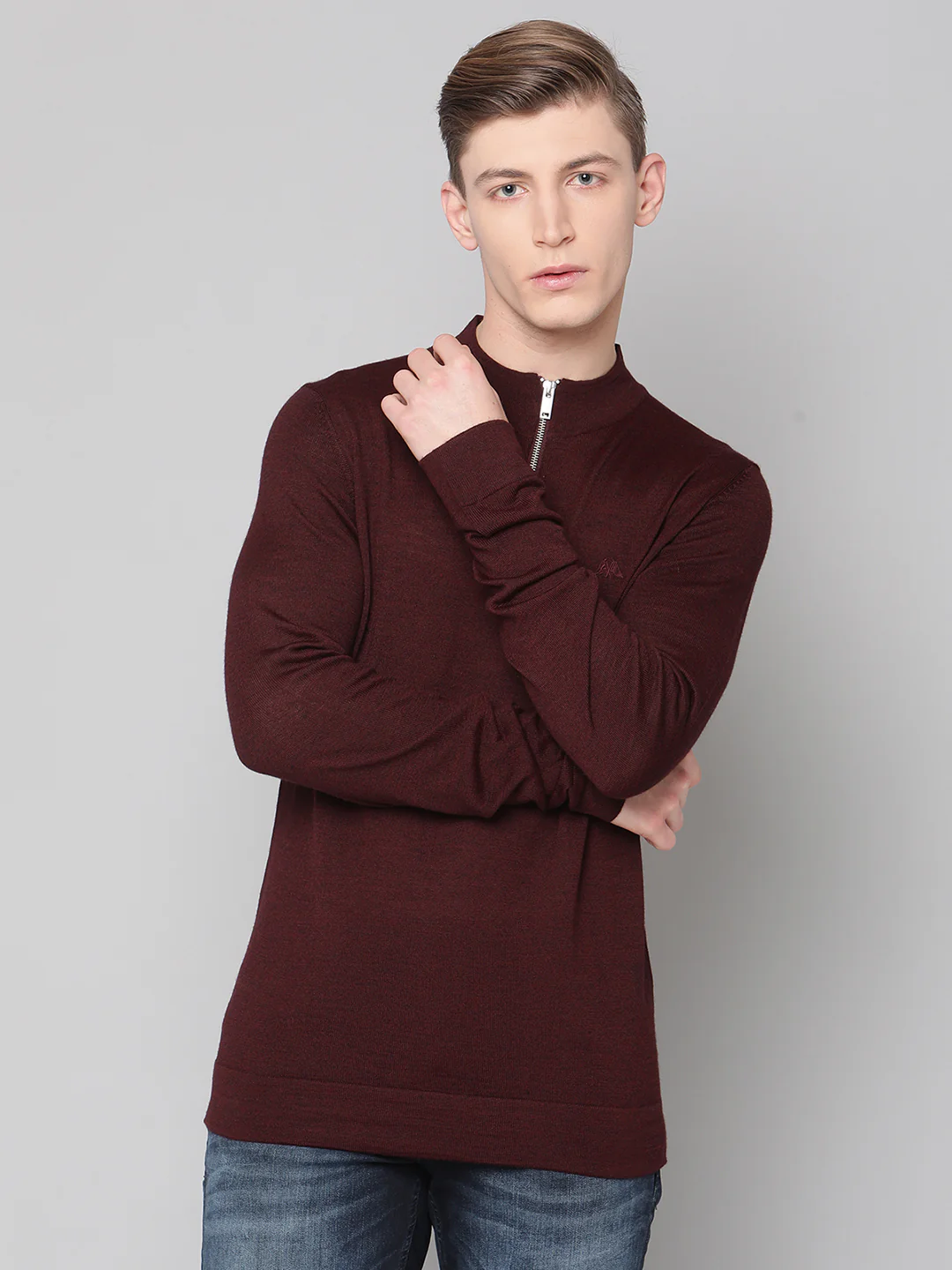 Lindbergh Men Maroon Solid Round Neck Sweater