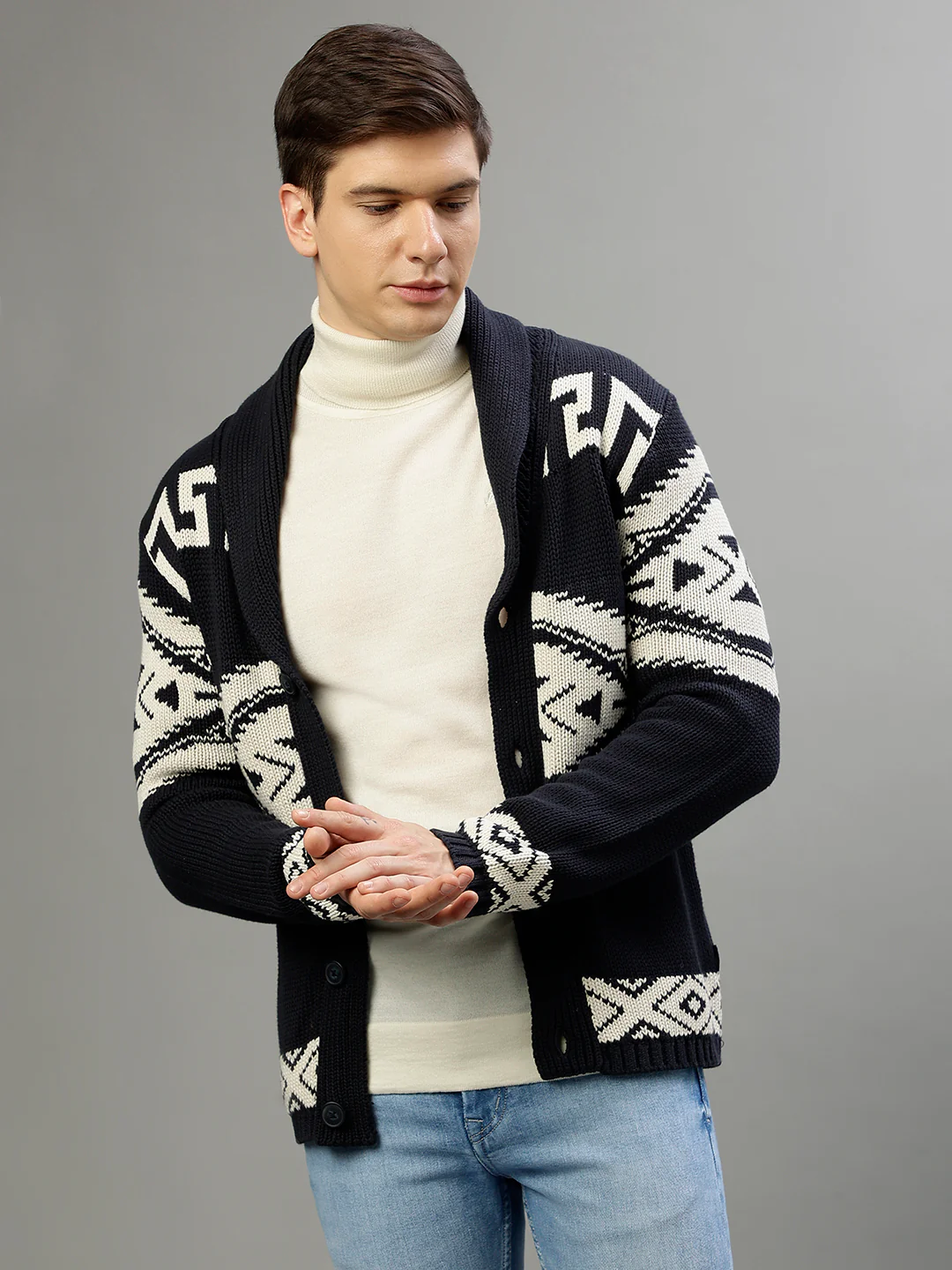 Lindbergh Men Patterned Shawl Collar Full Sleeves Sweater - Image 2