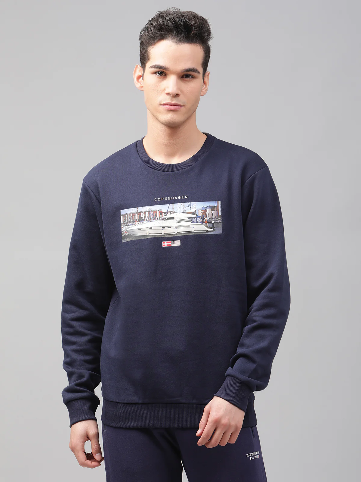 Lindbergh Men Navy Blue Printed Round Neck Full Sleeves Sweatshirt