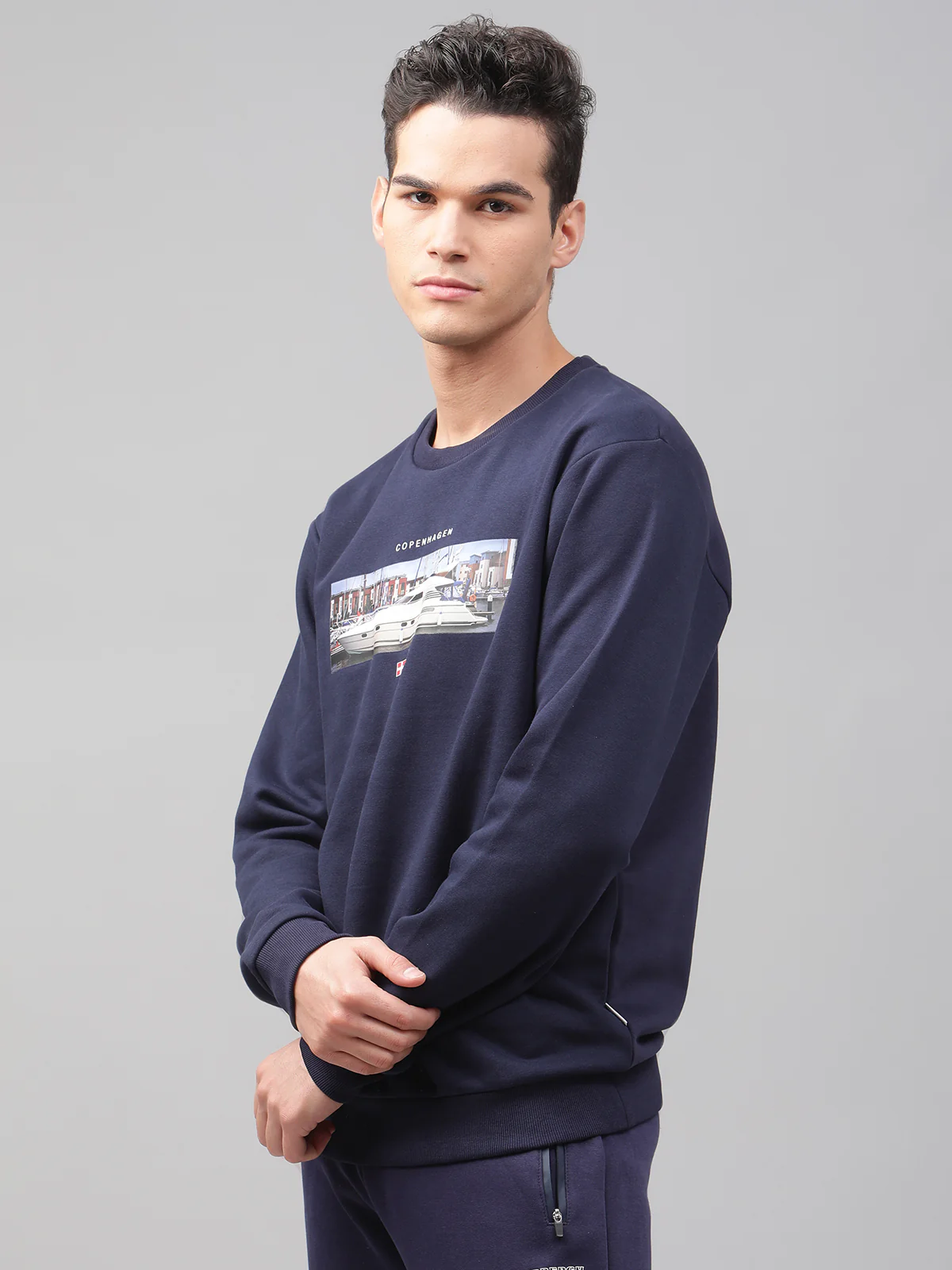 Lindbergh Men Navy Blue Printed Round Neck Full Sleeves Sweatshirt - Image 3