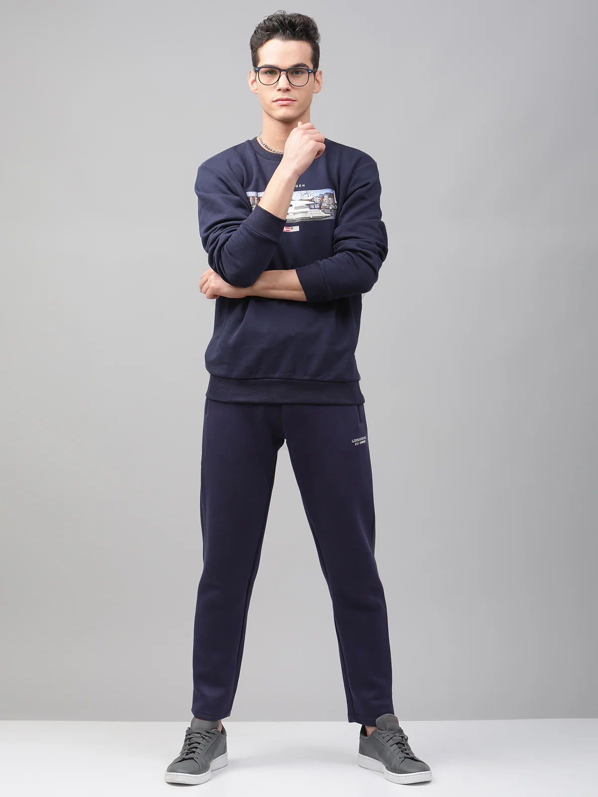 Lindbergh Men Navy Blue Printed Round Neck Full Sleeves Sweatshirt - Image 5