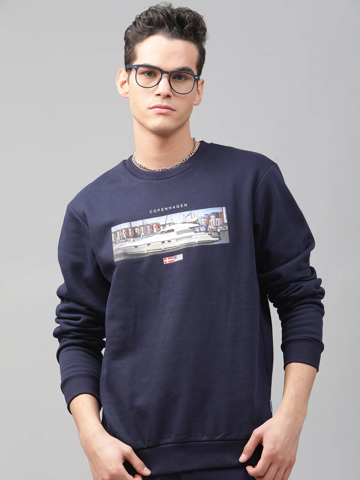 Lindbergh Men Navy Blue Printed Round Neck Full Sleeves Sweatshirt - Image 8