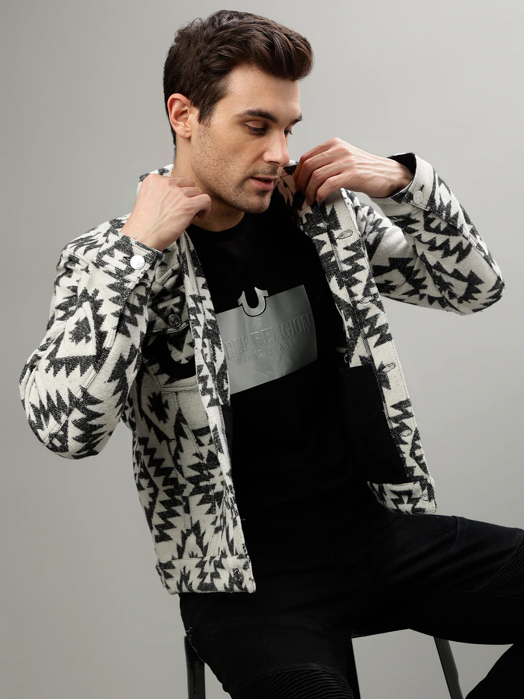 True Religion Men Printed Spread Collar Full Sleeves Jacket - Image 2