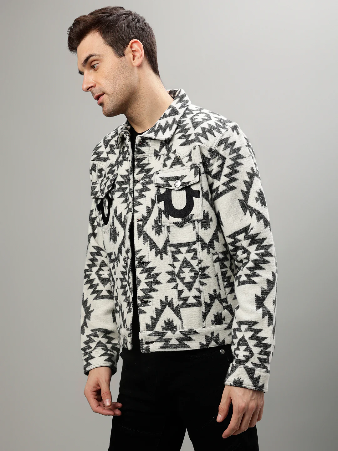 True Religion Men Printed Spread Collar Full Sleeves Jacket - Image 3