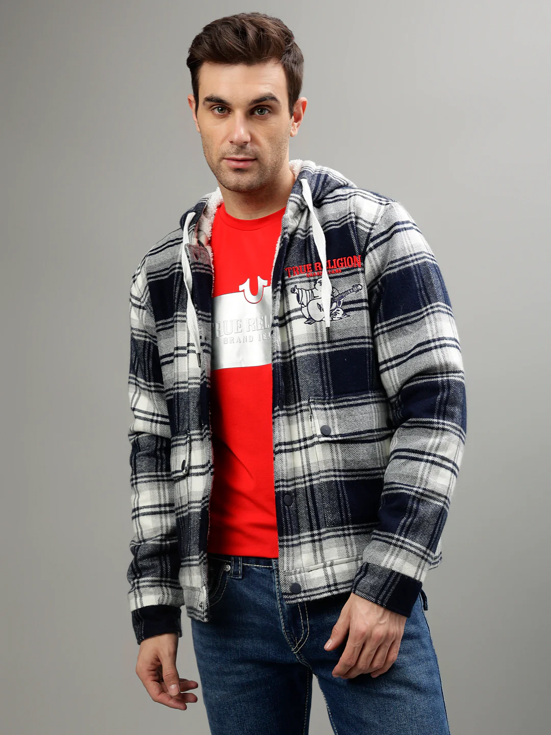 True Religion Men Checked Hooded Full Sleeves Jacket - Image 2