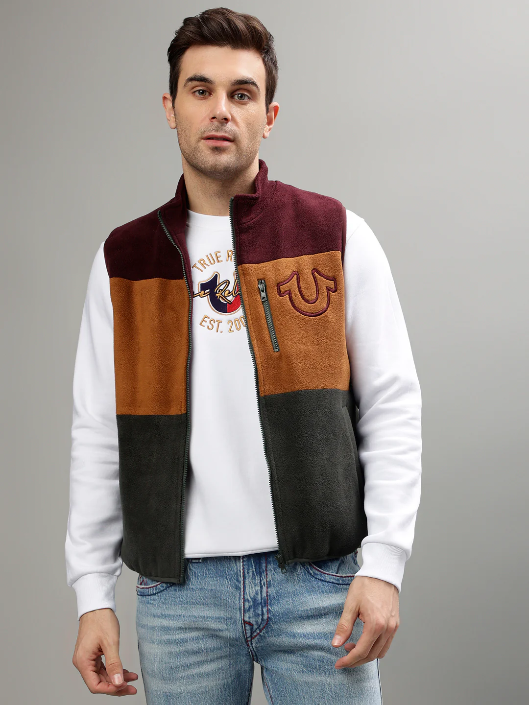 True Religion Men Colour blocked Stand Collar Sleeveless Jacket - Image 2