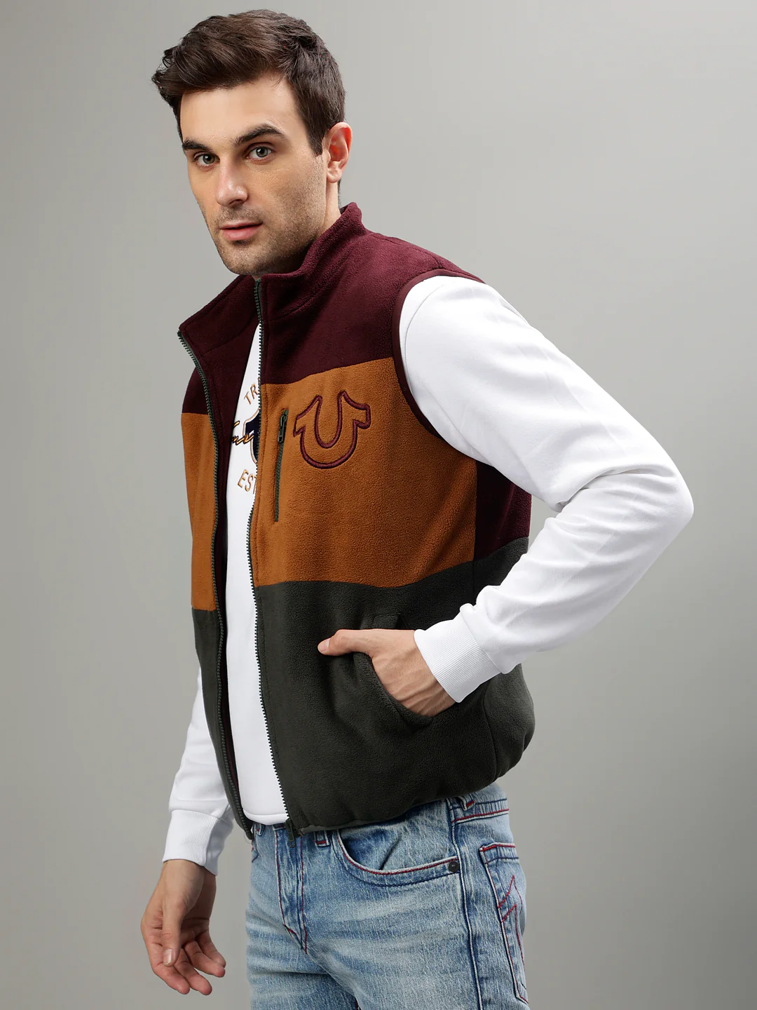 True Religion Men Colour blocked Stand Collar Sleeveless Jacket - Image 3