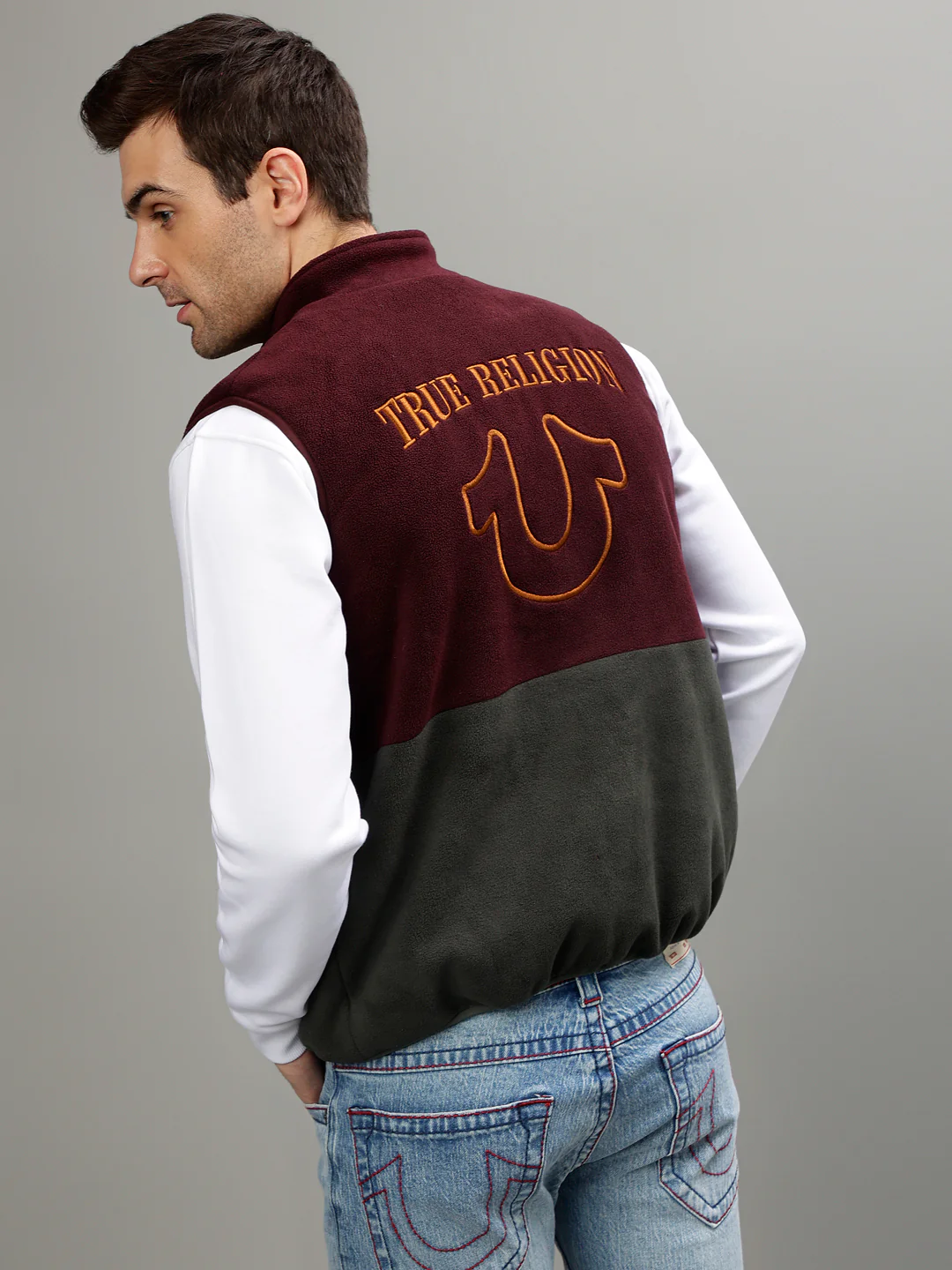 True Religion Men Colour blocked Stand Collar Sleeveless Jacket - Image 4
