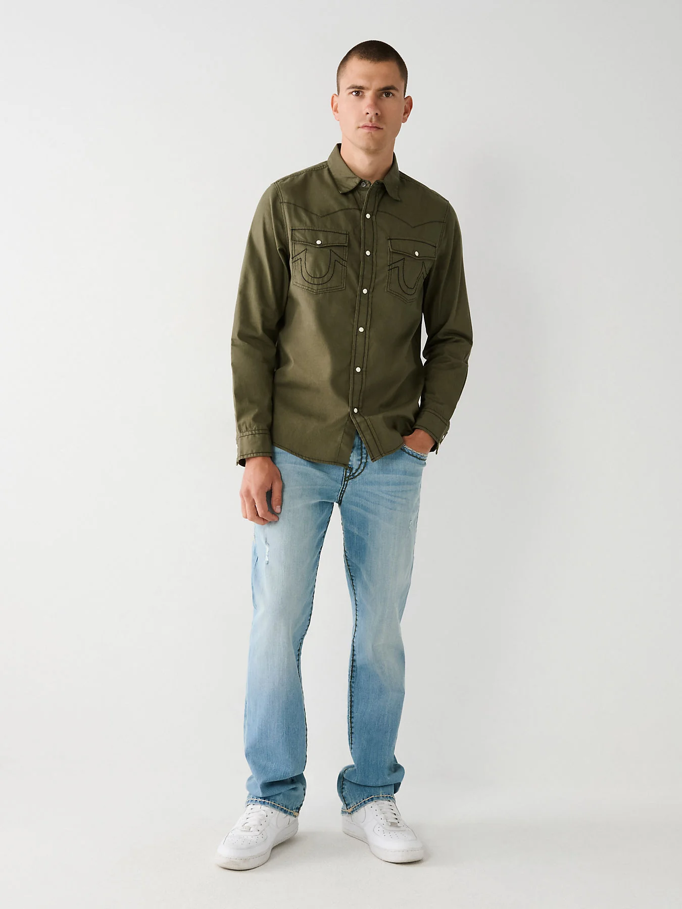 True Religion Men Green Solid Spread Collar Long Sleeves Shirt - Image 3