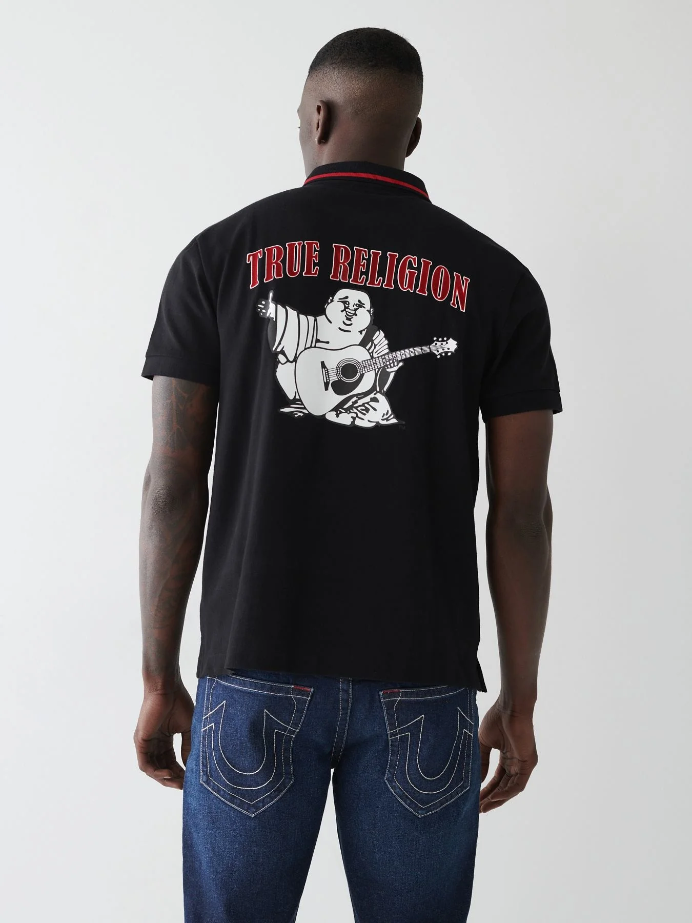 True Religion Men Black Printed Polo Neck Short Sleeves T-shirt - Image 2