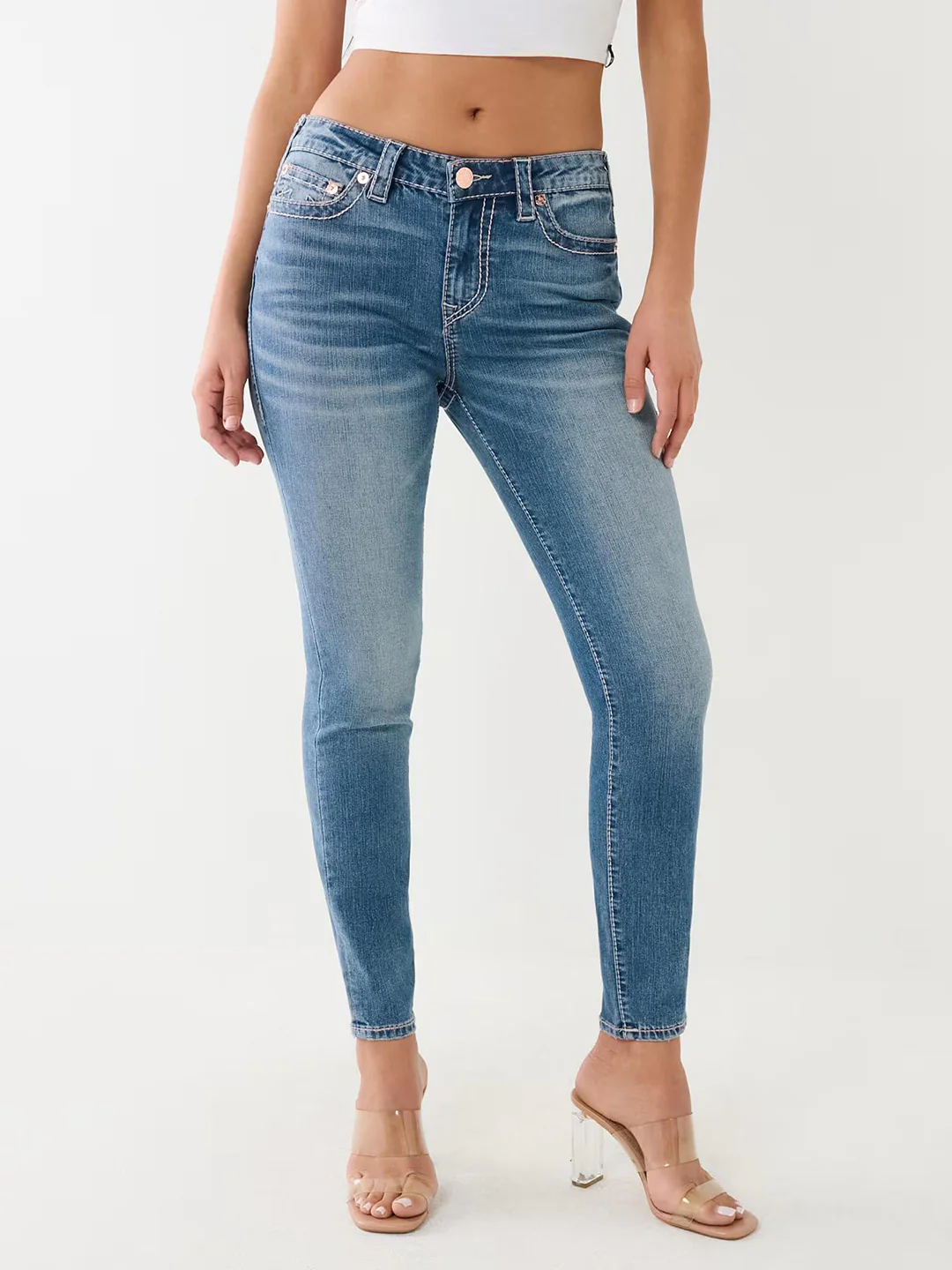 True Religion Womens Big T Halle Super Skinny Fit Blue Mid Rise Jeans - Image 3
