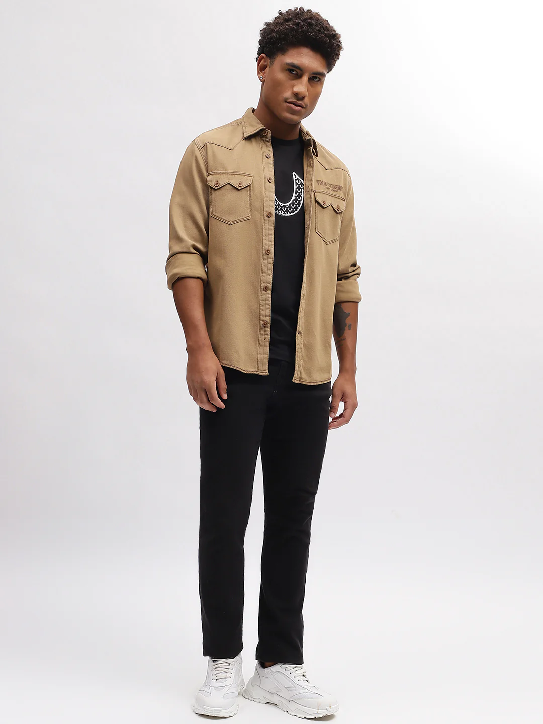 True Religion Men Khaki Solid Spread Collar Full Sleeves Shirt - Image 5