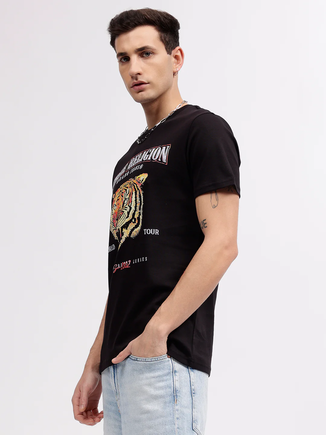 True Religion Men Black Animal Print Round Neck Short Sleeves T-shirt - Image 3