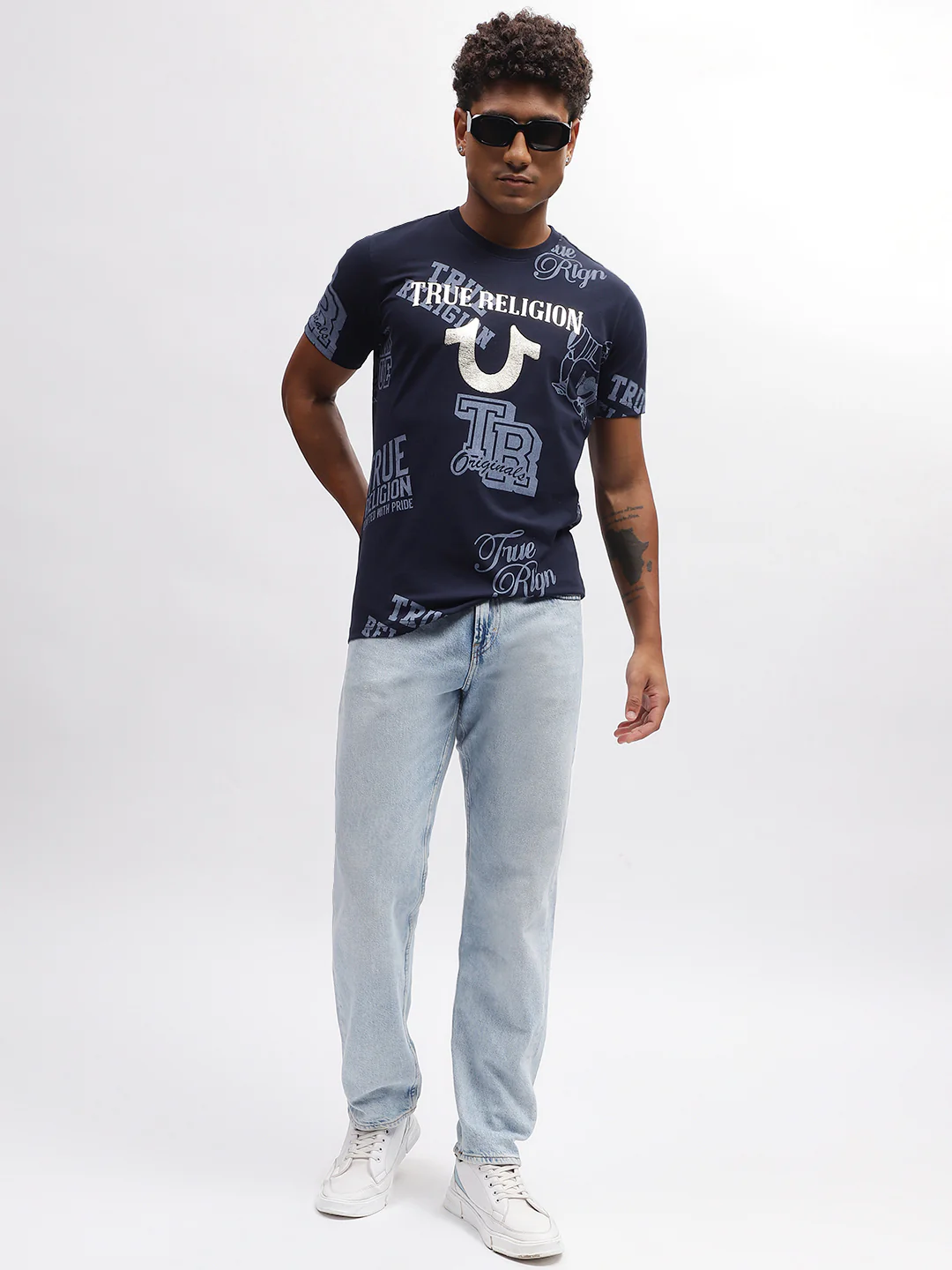 True Religion Men Blue Printed Round Neck Short Sleeves T-Shirt - Image 5