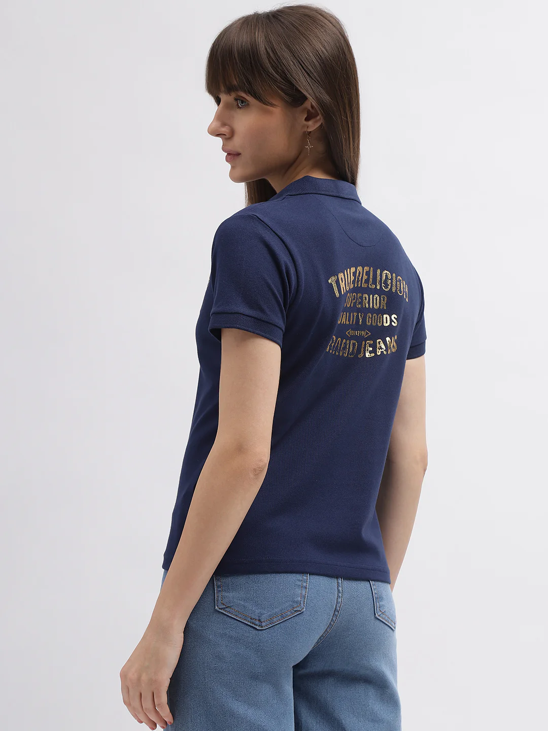 True Religion Women Blue Printed Polo Collar Short Sleeves T-Shirt - Image 3