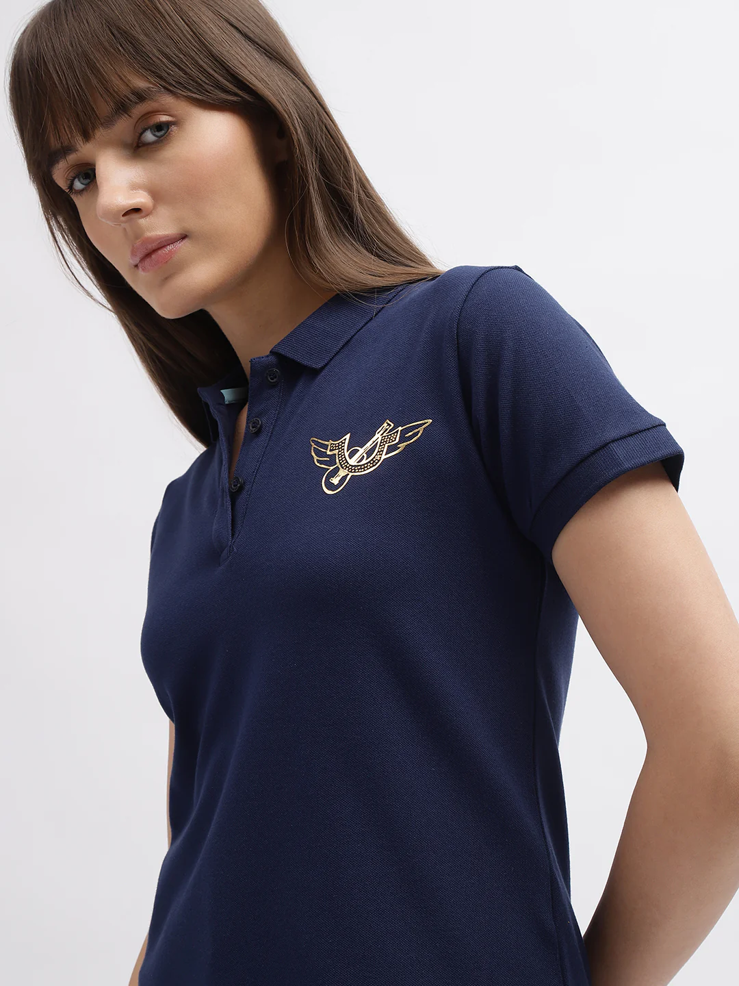 True Religion Women Blue Printed Polo Collar Short Sleeves T-Shirt - Image 5