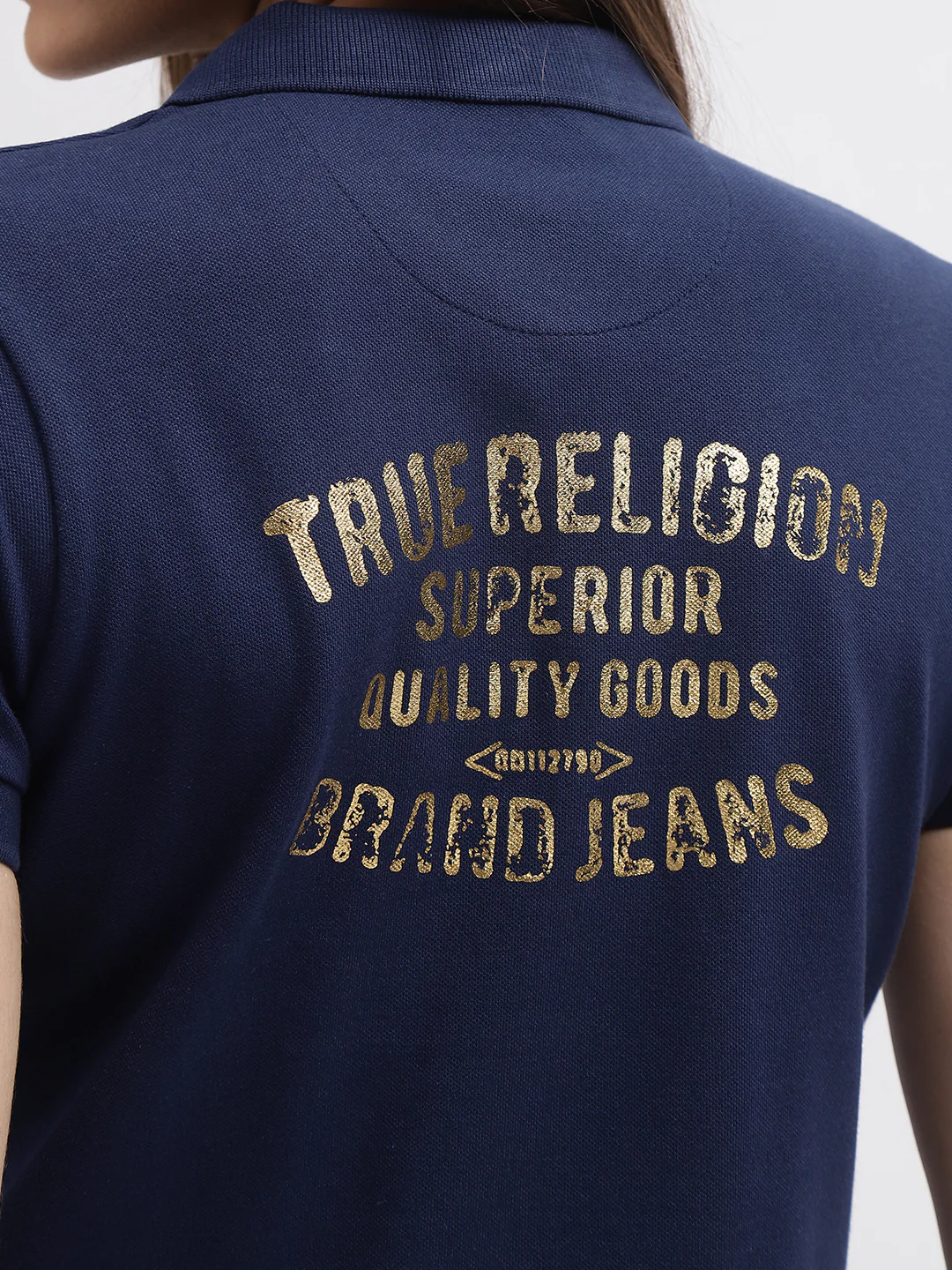 True Religion Women Blue Printed Polo Collar Short Sleeves T-Shirt - Image 7
